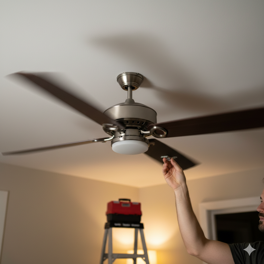 close up of wobbling ceiling fan blades, repair and fix concept, home maintenance